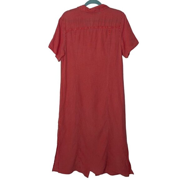 Marina Rinaldi Maxi Shirt Dress Size 12 Coral Linen Washed Button Front Pockets - Picture 3 of 15